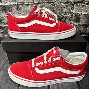 Vans Mens Womens Red White Canvas Low Top Skateboard Shoes